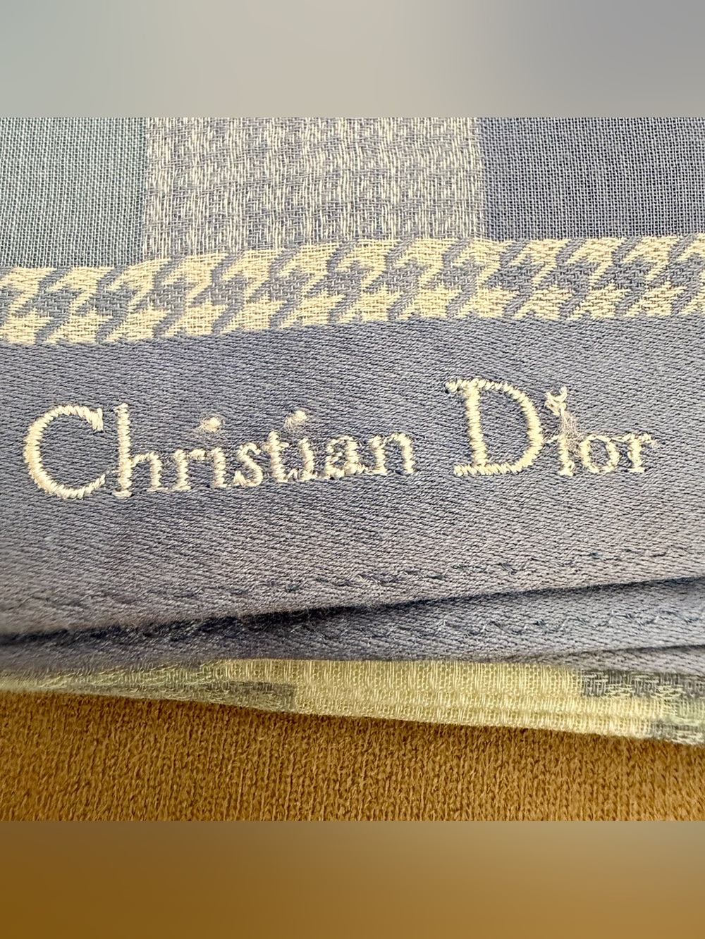 Authentic Christian Dior Blue Gingham Check Pocket Square Handkerchief Scarf